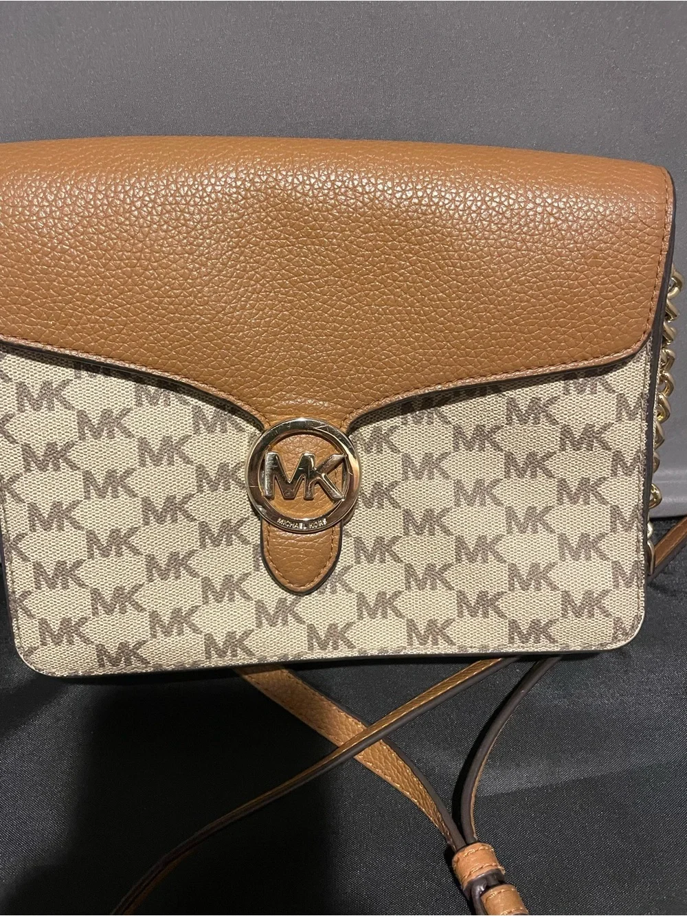 Michael Kors Brown/White Logo Crossbody Bag, Snap Closure, Gold Hardware